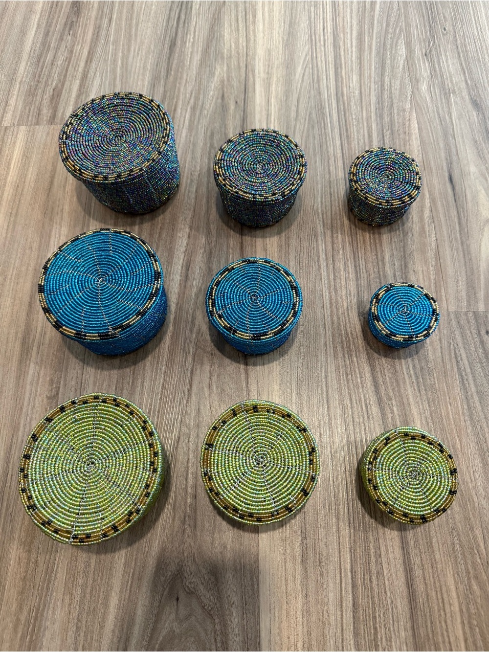 Handwoven Beaded Round Storage Boxes Set - Blue, Green & Multicolor